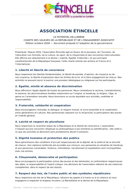 Première page — Charte des valeurs de la République et de l’engagement associatif / First page — Charter of the values of the Republic and of associative commitment