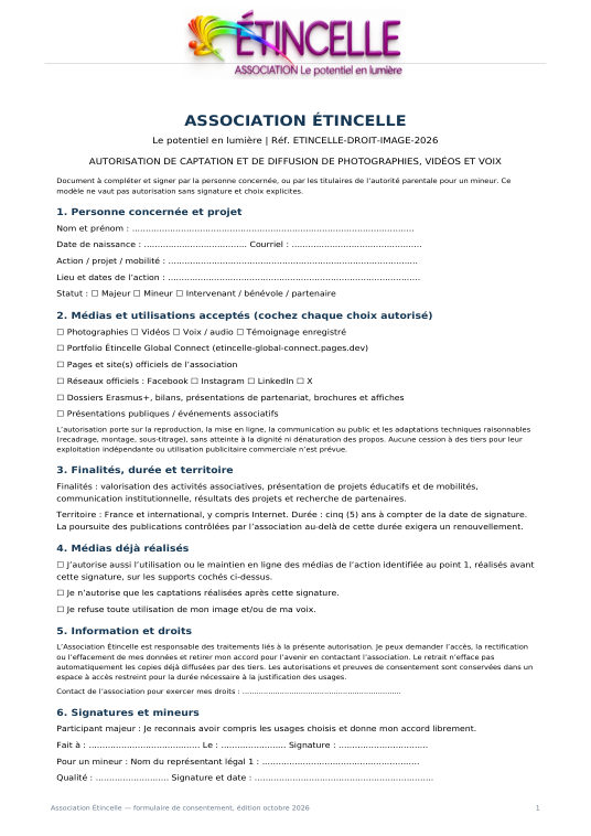 Première page — Autorisation de captation et de diffusion de photographies, vidéos et voix / First page — Consent form for photographs, videos and voice recordings