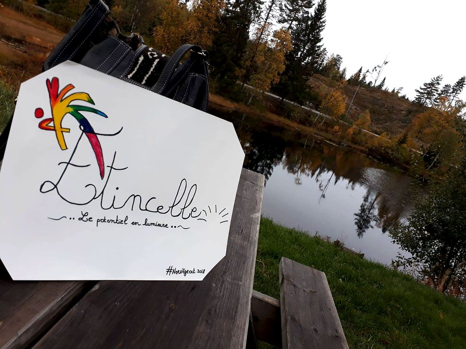 Panneau Étincelle au bord d’un lac norvégien / Étincelle sign by a Norwegian lake