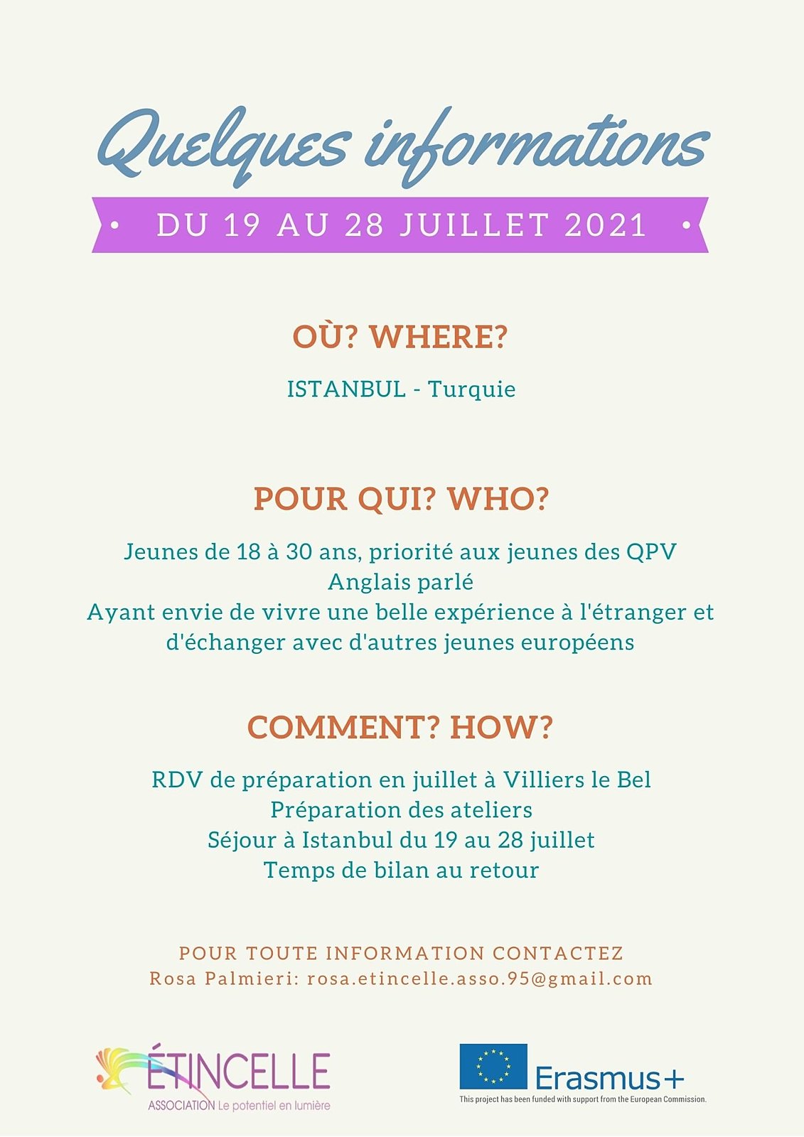 Fiche d’information de l’échange de jeunes d’Istanbul (19–28 juillet 2021) / Information sheet for the Istanbul youth exchange (19–28 July 2021)